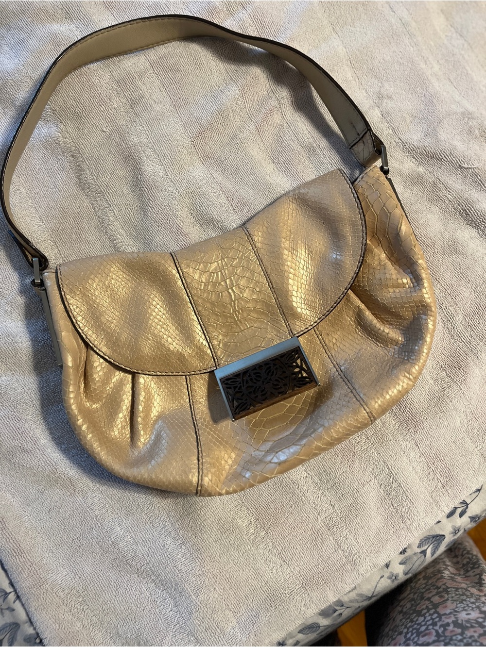 Calvin Klein Metallic Gold Croc-Embossed Shoulder Bag with Filigree Clasp